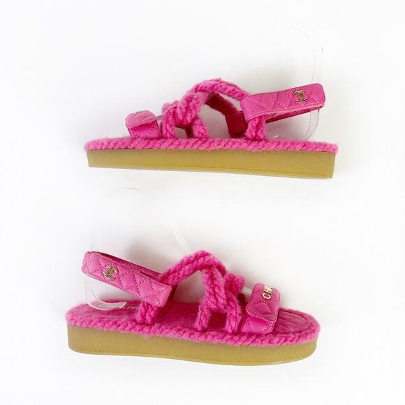 CHANEL Pink Rope CC Dad Sandals Size 37 Open Toe Gladiator Slingback Fuzzy - Picture 5 of 13